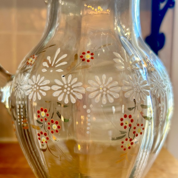 Antique Victorian Hand Blown Ruffle glass daisy enamel hand painted pitcher - Picture 3 of 6
